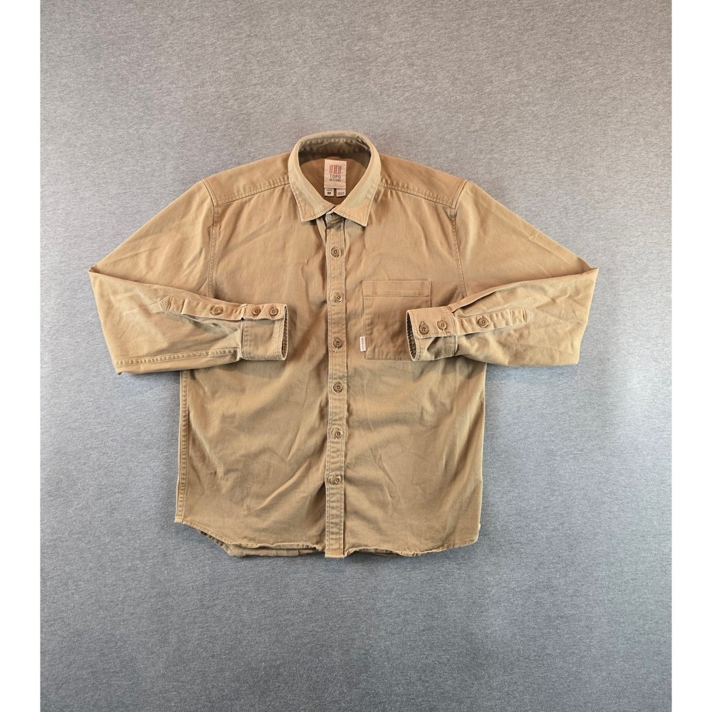 Topo Designs Desert Shirt Mens M Khaki Tan Organic Cotton Stretch Long Sleeve